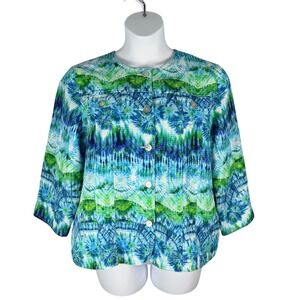 Alfred Dunner Jacket 18 Blue Green Tie Dye Lightweight 3/4 Sleeve Casual Travel‎